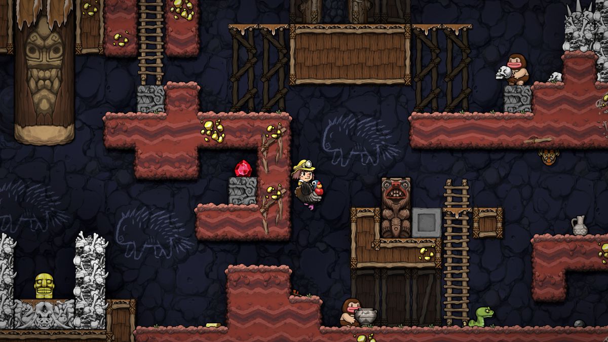A character rides a turkey in Spelunky 2