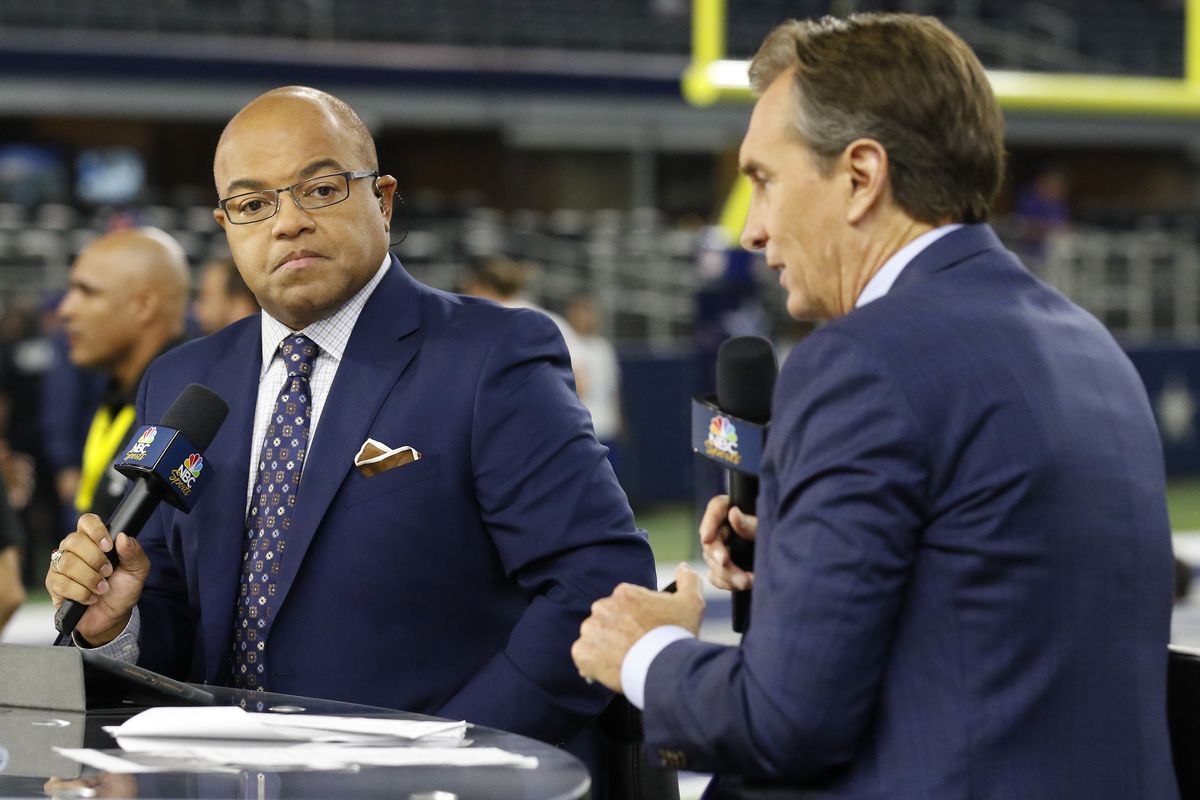 NBC Sports Sunday Night Football announcers Mike Tirico and Cris Collinsworth on set during a NFL game between the Chicago Bears and the Dallas Cowboys at AT&amp;T Stadium in Arlington, TX. Cowboys won 31-17.