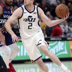 Utah Jazz forward Joe Ingles looks to make a shot during a preseason basketball game against the Adelaide 36ers at the Vivint Smart Home Arena in Salt Lake City on Friday, Oct. 5, 2018. The Jazz won 129-99.