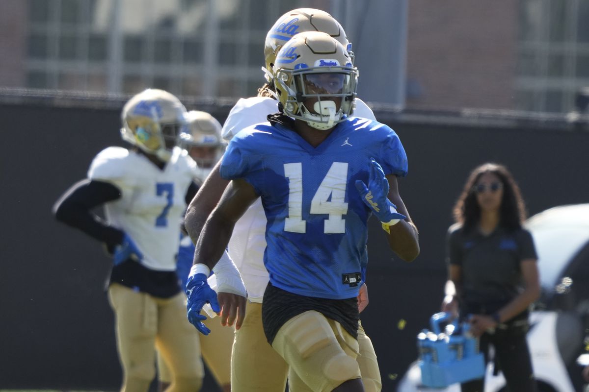 Josiah Norwood #14 of the UCLA Bruins during the Spring Football Showcase at Drake Track Stadium on the campus of UCLA in Los Angeles on Saturday, April 23, 2022.