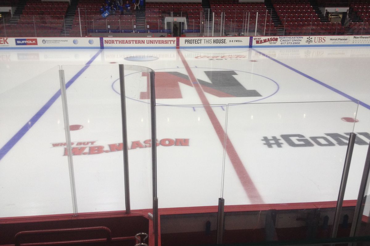 The center ice logo at Matthews Arena, home of the Northeastern University Huskies hockey program