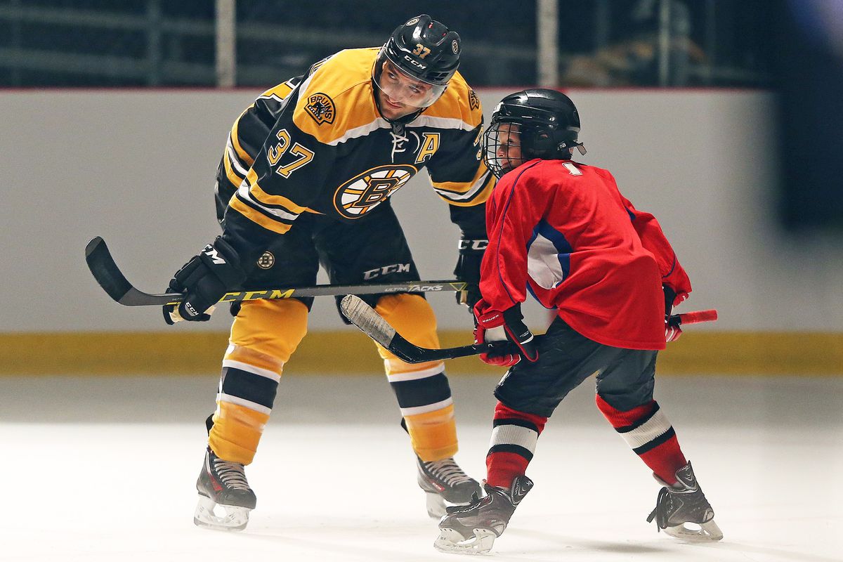 No, Patrice Bergeron is NOT facing off against a Bruins rookie.