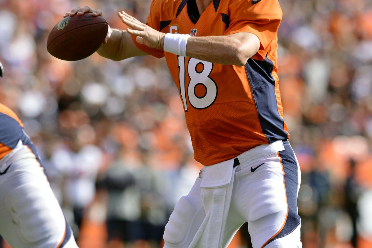 September 23 2012; Denver, CO, USA; Denver Broncos quarterback Peyton Manning (18) prepares to throw during second quarter of the game against the Houston Texans at Sports Authority Field. Mandatory Credit: Ron Chenoy-US PRESSWIRE