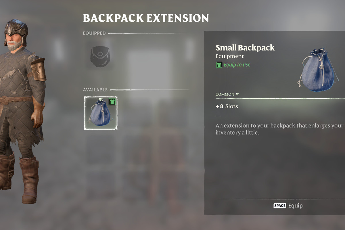 Enshrouded Character menu with the backpack extension selected