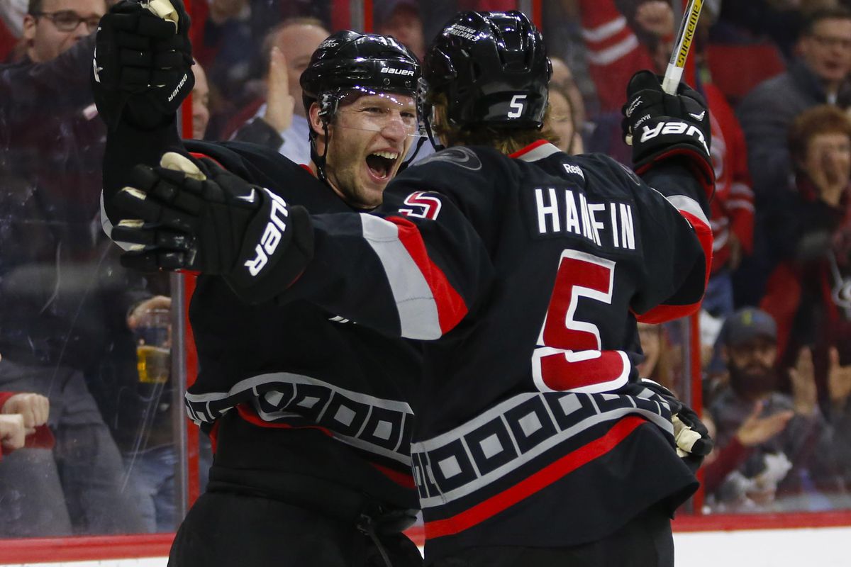 Jordan Staal celebrates a goal against the Jets