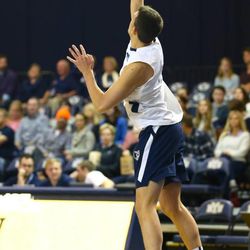 Starting the game with a jump serve for the Cougars. BYU playing UC San Diego in Provo on January 31, 2015.

<img height="1" width="1" src="http://beacon.deseretconnect.com/beacon.gif?cid=248261&pid=7&reqid=141460&campid=" />