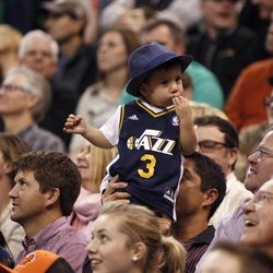 A young fan dances as the Utah Jazz play the Portland Trail Blazers in Salt Lake City Friday, Feb. 20, 2015. The Jazz beat the Blazers, 92-76.