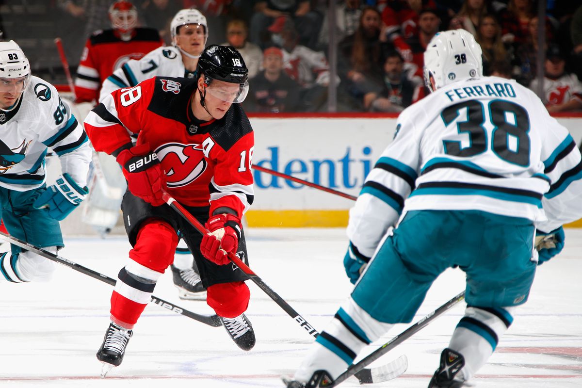 Ondrej Palat #18 of the New Jersey Devils skates against the San Jose Sharks at the Prudential Center on October 22, 2022 in Newark, New Jersey.