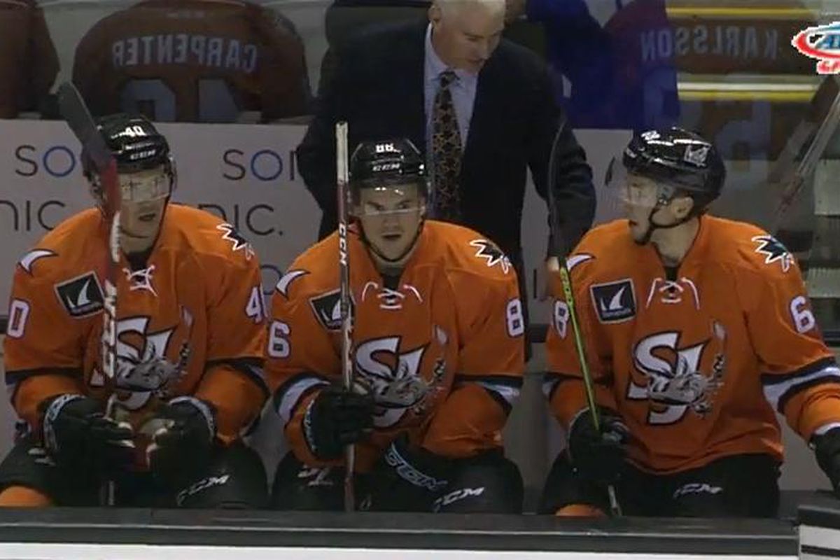 San Jose Barracuda forwards Ryan Carpenter, Jeremy Langlois and Melker Karlsson take a quick breather after getting the first goal of the game in just 35-seconds Sunday afternoon at SAP Center. (AHL Live).