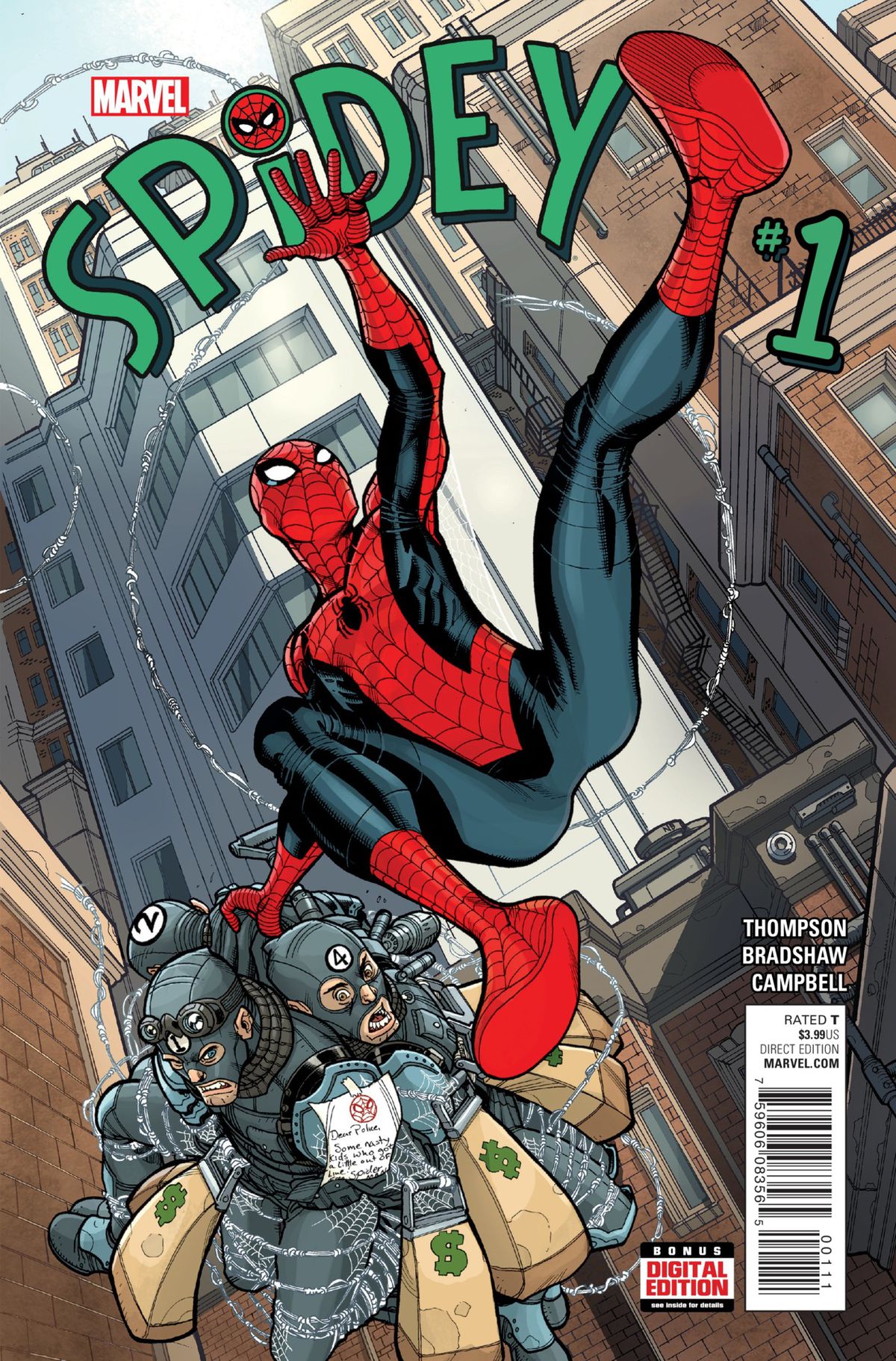 Spider-Man swings through New York City carrying four defeated bank robbers on the cover of Spidey #1, Marvel Comics (2015). 