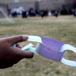Students at Northwest Middle School in Salt Lake City hold a paper chain during a student walkout on Wednesday, March 14, 2018. The chain featured messages honoring the 17 people killed in a mass shooting at Marjory Stoneman Douglas High School in Parkland, Florida, last month. The 10 a.m. demonstration lasted 17 minutes, one minute for each of the victims killed at the high school.