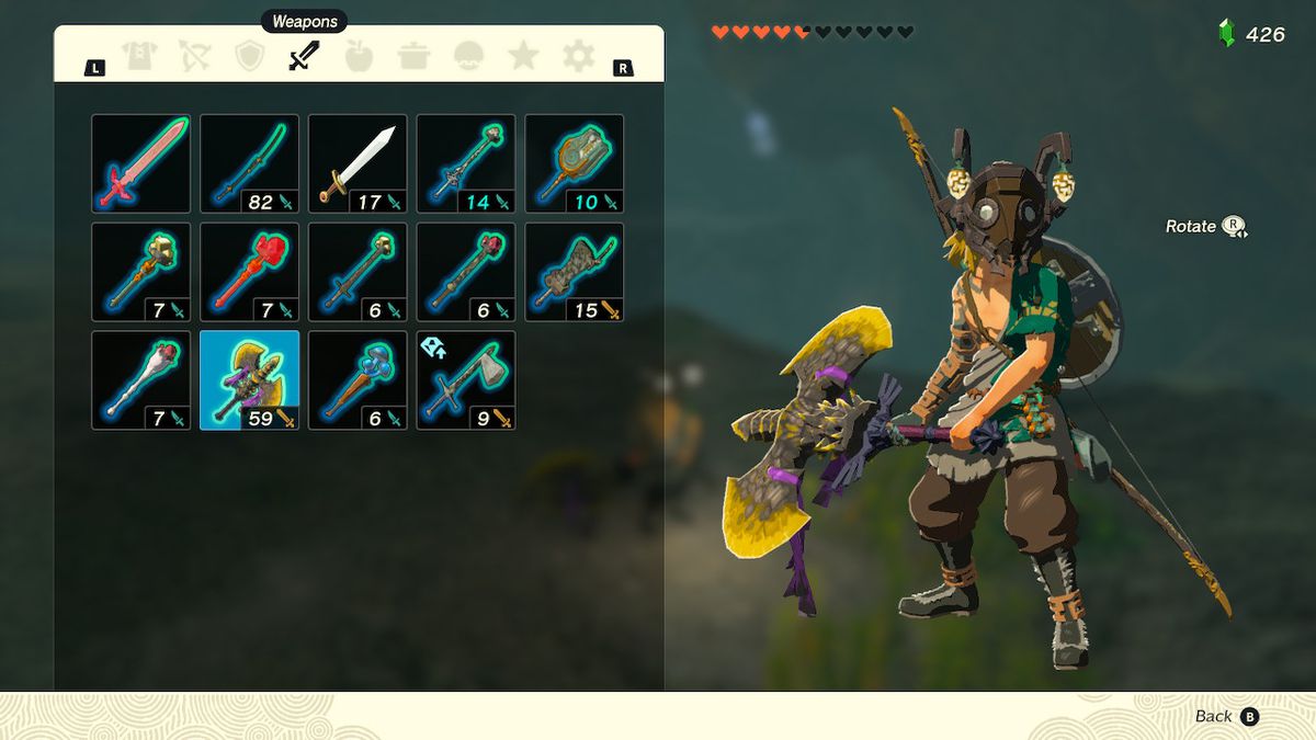 A screenshot of the weapons inventory in Zelda: Tears of the Kingdom, showcasing Link with the Black boss Bokoblin Two-Handed Axe