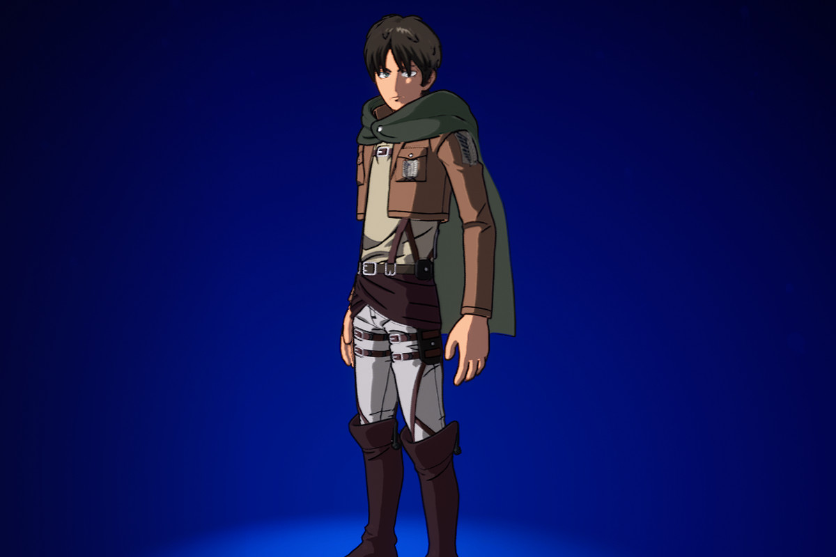 The Eren Jaeger outfit in Fortnite on a dark blue gradient background