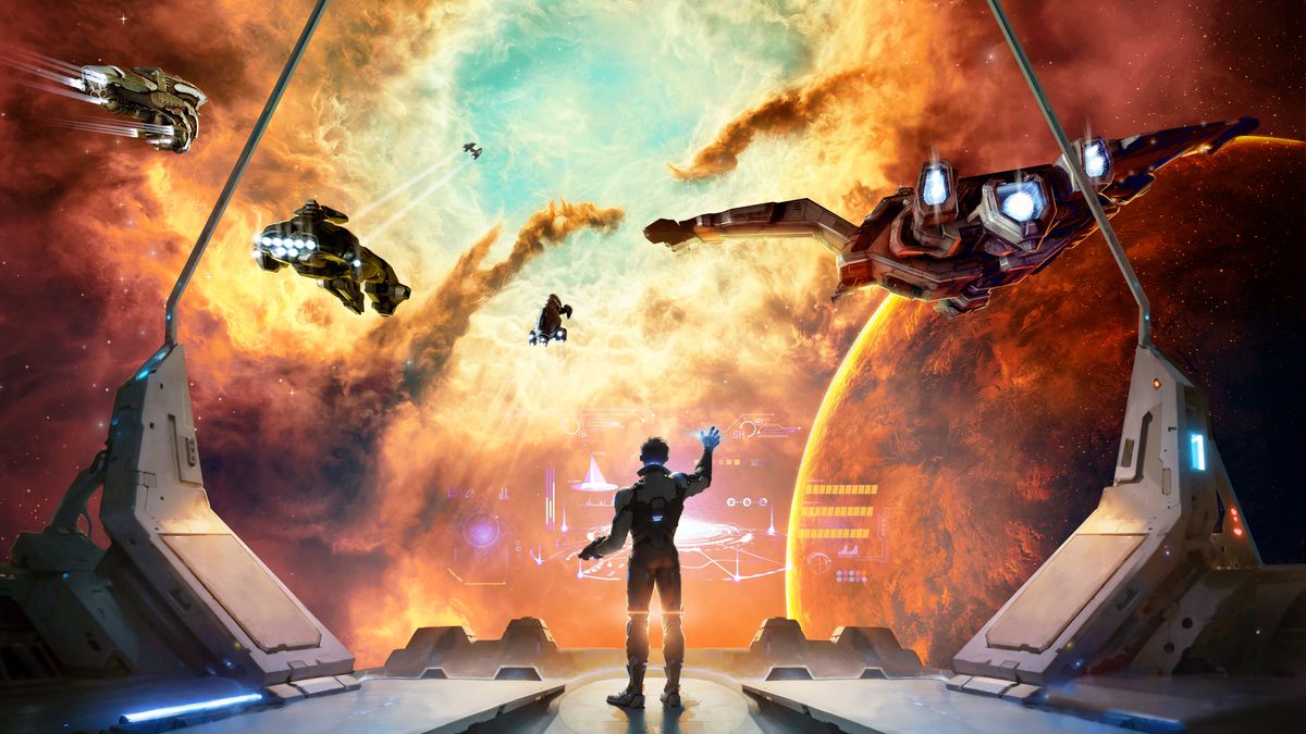 A capsulleer, as Eve’s avatars are called, stands on the bridge of a starship working a virtual display that hovers in the air before them. In the distance four or five starships prepare to enter a wormhole.