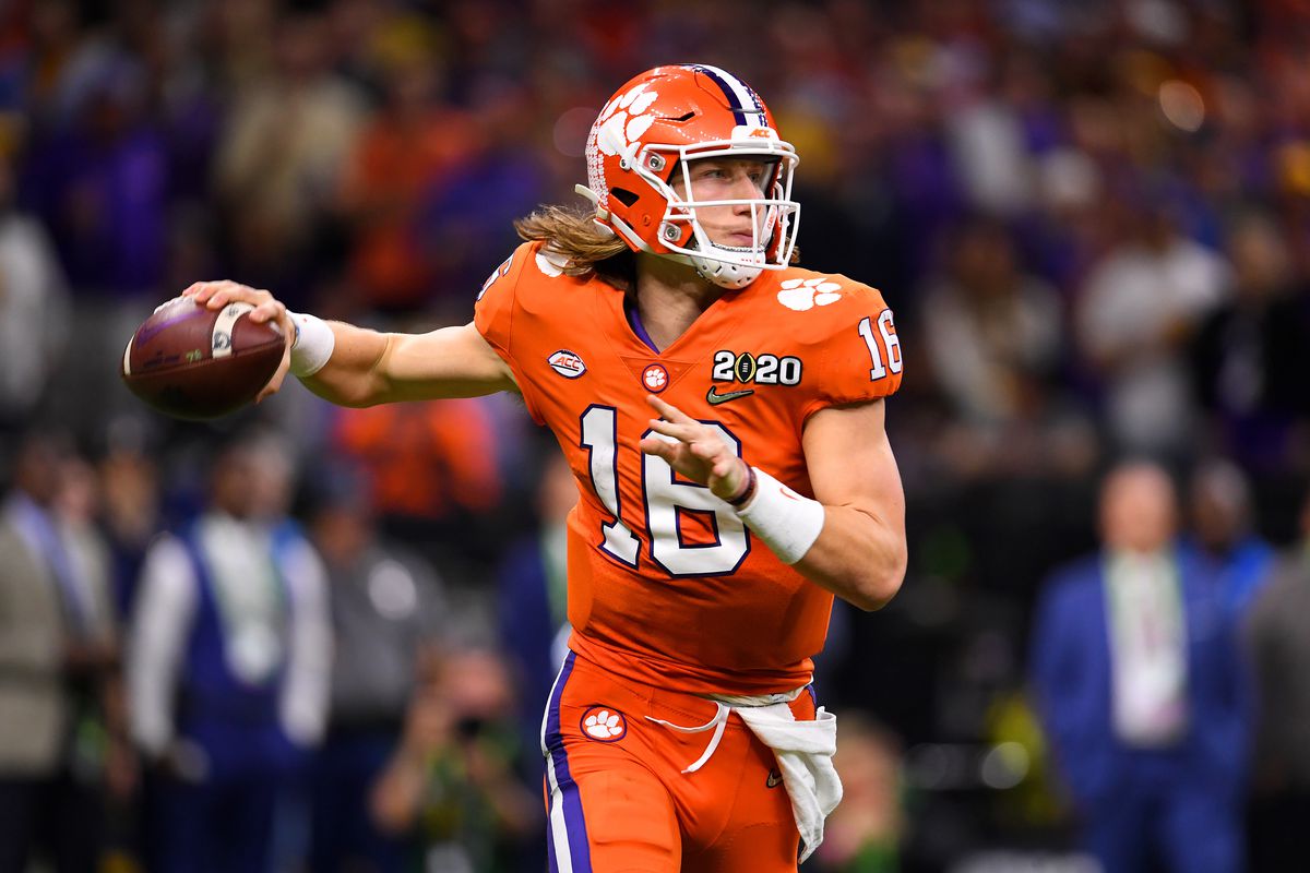 Trevor Lawrence of the Clemson Tigers passes against the LSU Tigers during the College Football Playoff National Championship held at the Mercedes-Benz Superdome on January 13, 2020 in New Orleans, Louisiana.