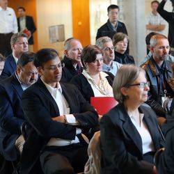 Audience members listen as researchers announce plans to build high-tech mobile communications "living laboratory" at the University of Utah during a press conference at the U. in Salt Lake City on Monday, April 9, 2018.