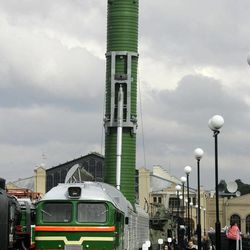 In this Friday, Aug. 4, 2006 file photo a decommissioned Russian train-mounted RT-23 intercontinental strategic missile, background, is on a display at a railway museum at former Warsaw Railway Station in St. Petersburg, Russia. The Russian military said Wednesday it"™s developing a new intercontinental ballistic missile mounted on a railway car to replace a Soviet-era design that was scrapped in 2005.