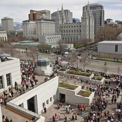 The crowd outside after The Church of Jesus Christ of Latter-day Saints' Saturday afternoon session of the 183rd Annual General Conference Saturday, April 6, 2013, in Salt Lake City.