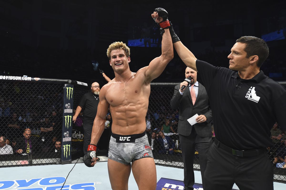 Sage Northcutt celebrates his win over Zak Ottow at a UFC event in 2018.