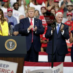 First lady Melania Trump, President Donald Trump, Vice President Mike Pence and Karen Pence greet supporters at a rally where Trump formally announced his 2020 re-election bid Tuesday, June 18, 2019, in Orlando, Fla. (AP Photo/John Raoux)
