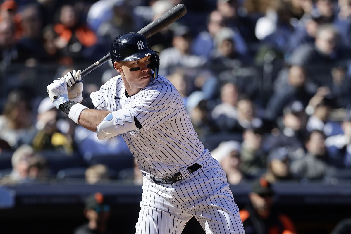 Aaron Judge of the New York Yankees in action against the San Francisco Giants at Yankee Stadium on April 02, 2023 in Bronx, New York.