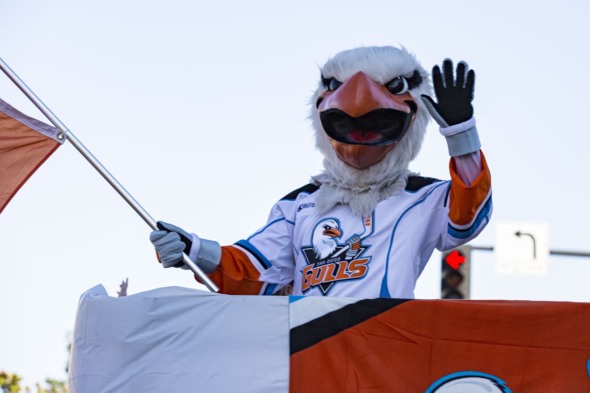Gulliver, the mascot of the San Diego Gulls hockey team attends 73rd Annual Mother Goose Parade on November 24, 2019 in El Cajon, California.