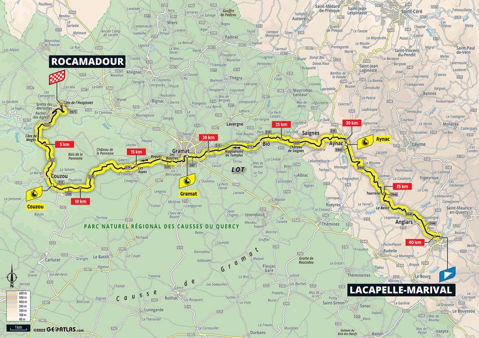 Image of map of Stage 20 of the 2022 Tour de France from Lacapelle-Marival to Rocamadour.