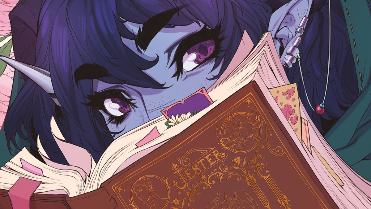 A purple tiefling peeks over a book.