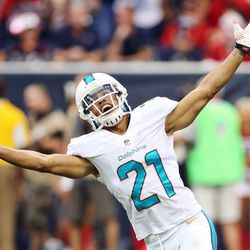 Aug 17, 2013; Houston, TX, USA; Miami Dolphins cornerback Brent Grimes (21) reacts after making an interception during the first quarter against the Houston Texans at Reliant Stadium.