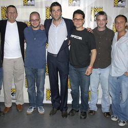 In this July 26, 2007 file photo, from left, writer Roberto Orci, actor Leonard Nimoy, producer Damon Lindelof, actor Zachary Quinto, writer J.J. Abrams, writer Alex Kurtzman, producer Brian Burk, and producer Stratton Leopold at Comic Con in San Diego, Calif.