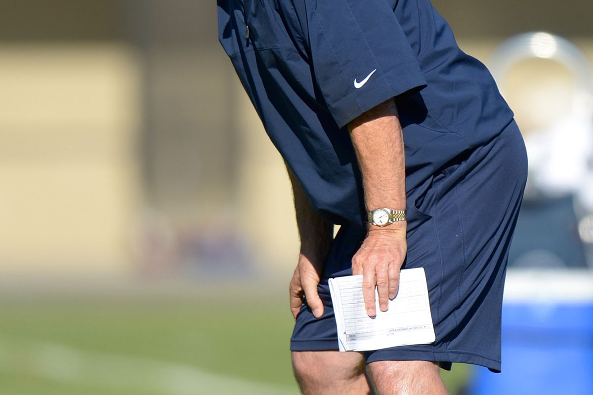 San Diego, CA, USA; San Diego Chargers head coach Norv Turner yells (maybe at Mike Harris? We have no pictures of him) during training camp at Charger Park. Mandatory Credit: Jake Roth-US PRESSWIRE