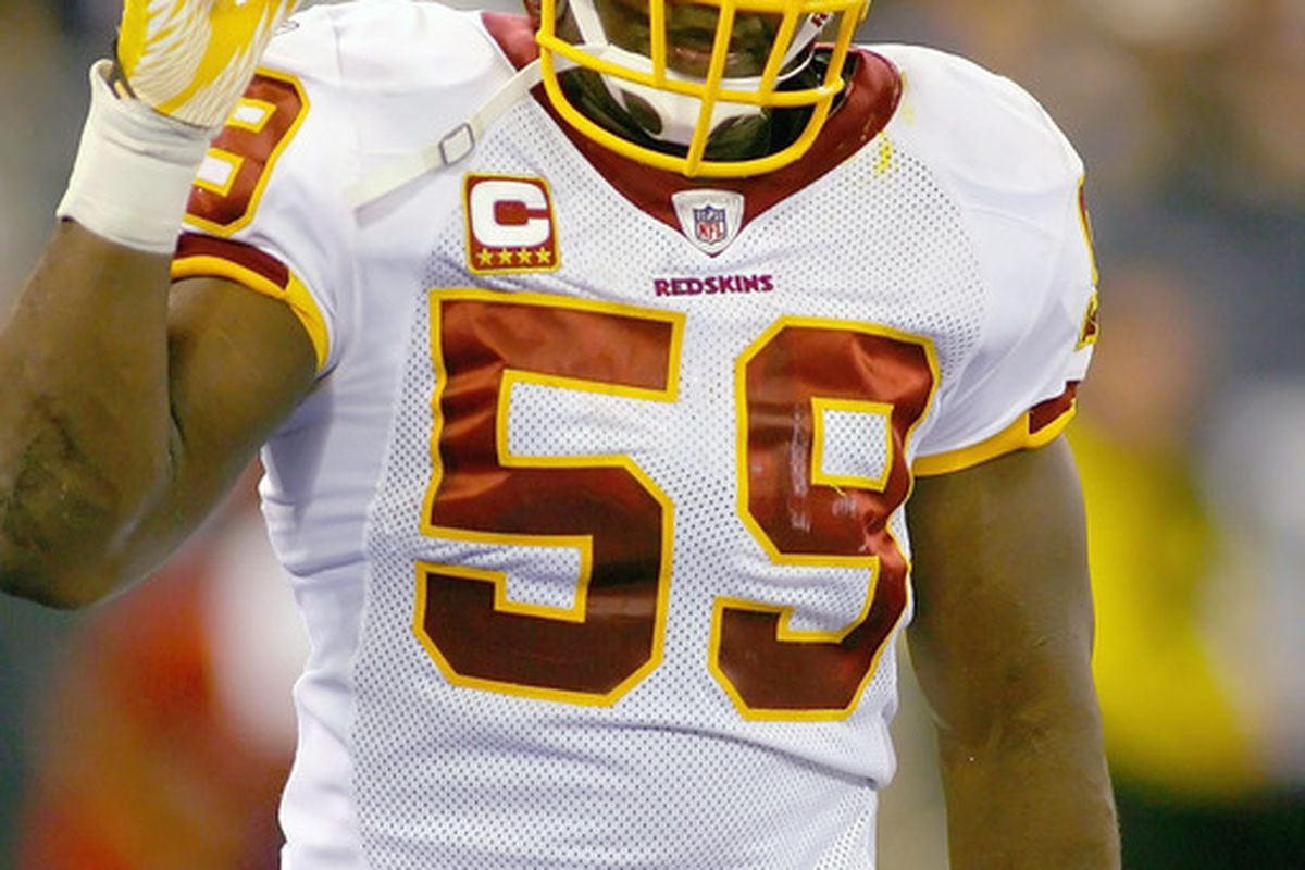 TORONTO, ON - OCTOBER 30:London Fletcher #59 of the Washington Redskins reacts after making an interception against the Buffalo Bills at Rogers Centre on October 30, 2011 in Toronto, Ontario.  (Photo by Rick Stewart/Getty Images)