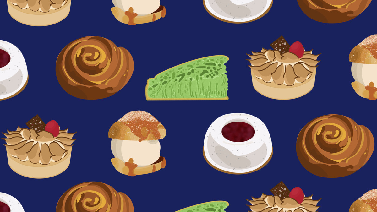 Croissants, profiteroles, banh bo nuong, cakes, and more over a blue background.