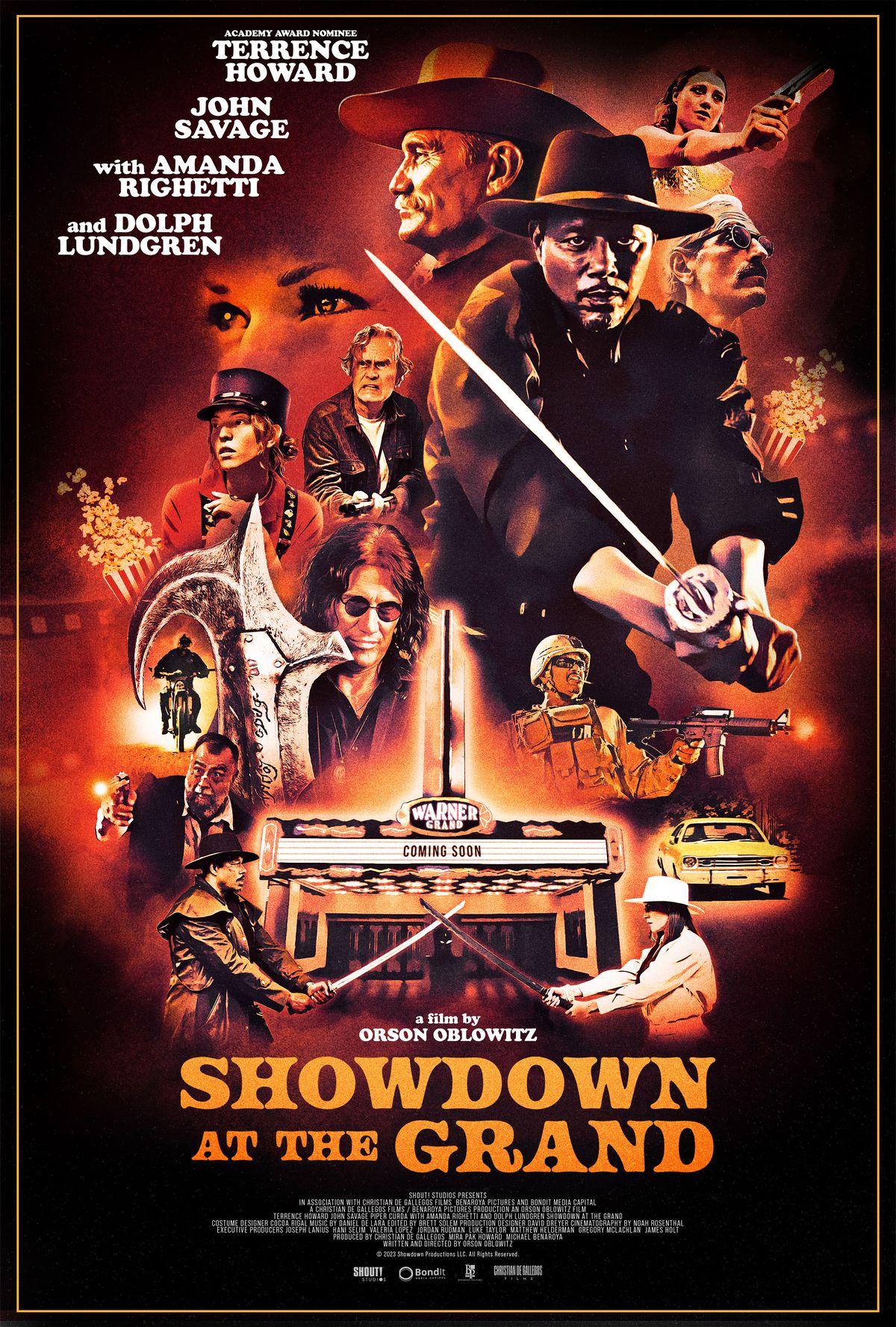 Poster for Showdown at the Grand, an old school style of movie poster. There’s a movie marquee at the front, two people sword fighting in front of it, and a lot of faces engaged in various forms of action.