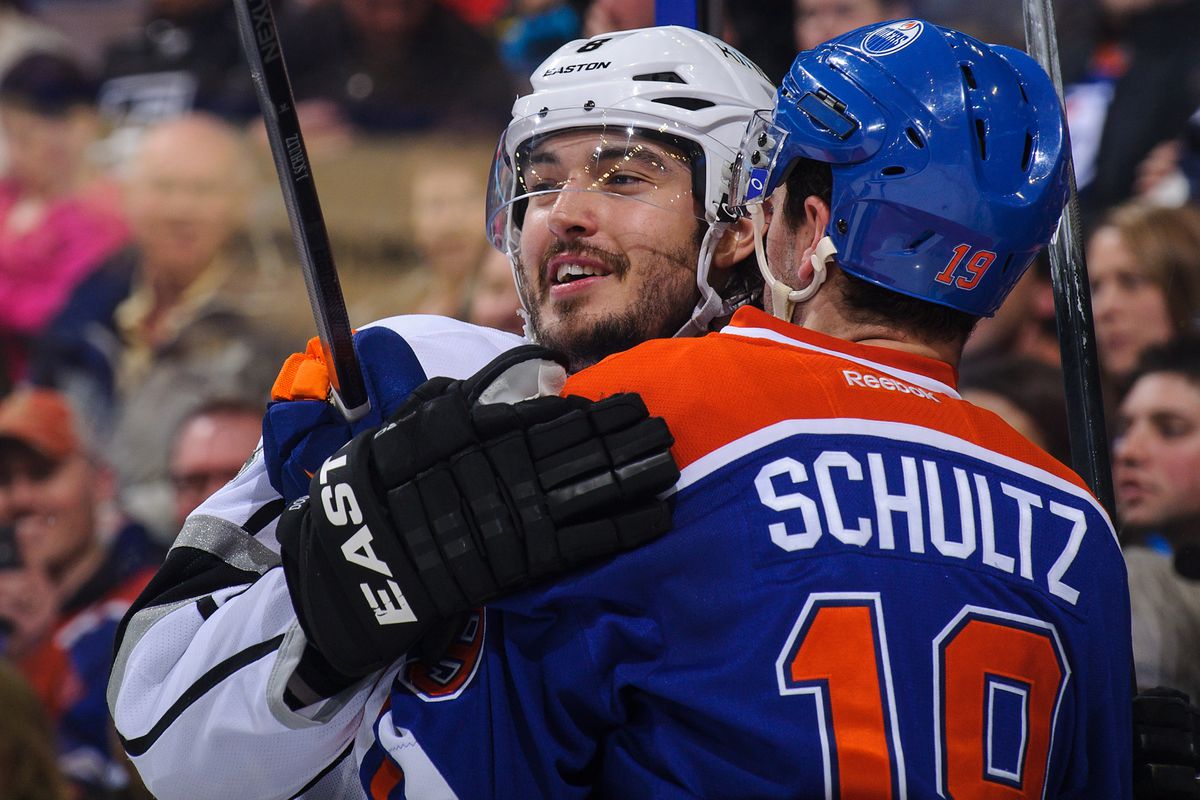 Drew Doughty, being the loving and caring soul that he is, attempts to make Justin Schultz feel better about being on the Oilers with a nice hug. Awwww.