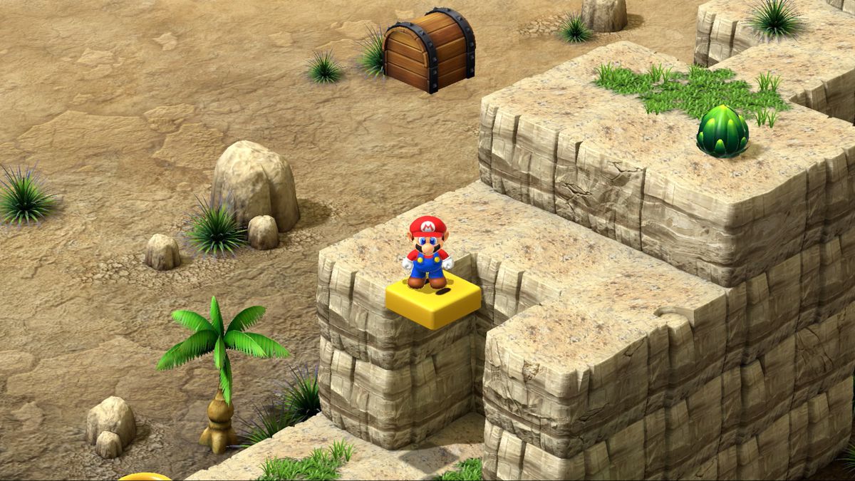 Mario stands on top of a floating yellow platform in the desert in Super Mario RPG.