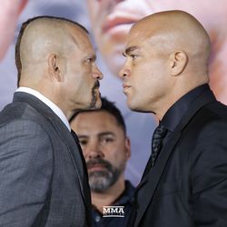 Chuck Liddell and Tito Ortiz have a staredown at the final Liddell vs. Ortiz 3 press conference in Inglewood, Calif.