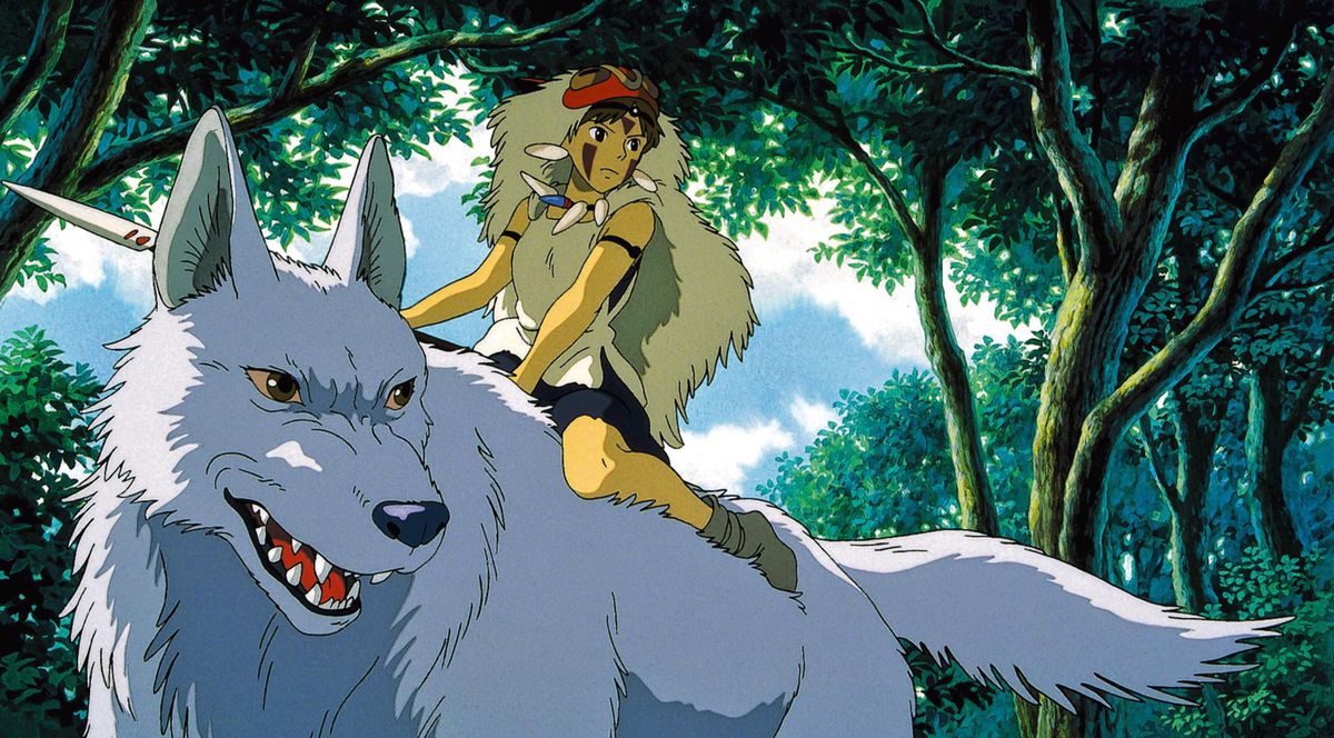 An anime girl wearing war paint and a fur hat rides atop a gigantic wolf creature while holding a spear.