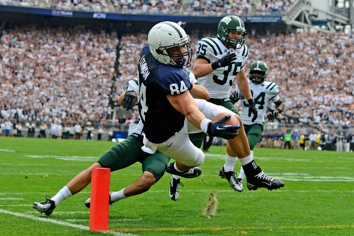 Sep 1, 2012; University Park, PA, USA; Penn State Nittany Lions tight end Matt Lehman (84) dives into the end zone for a touchdown in the second quarter against the Ohio Bobcats at Beaver Stadium. Mandatory Credit: Andrew Weber-US Presswire