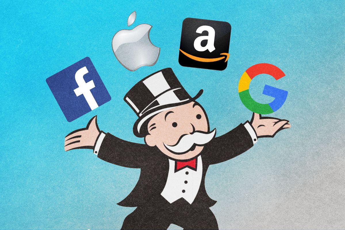 The Monopoly man juggling Facebook, Apple, Amazon, and Google icons