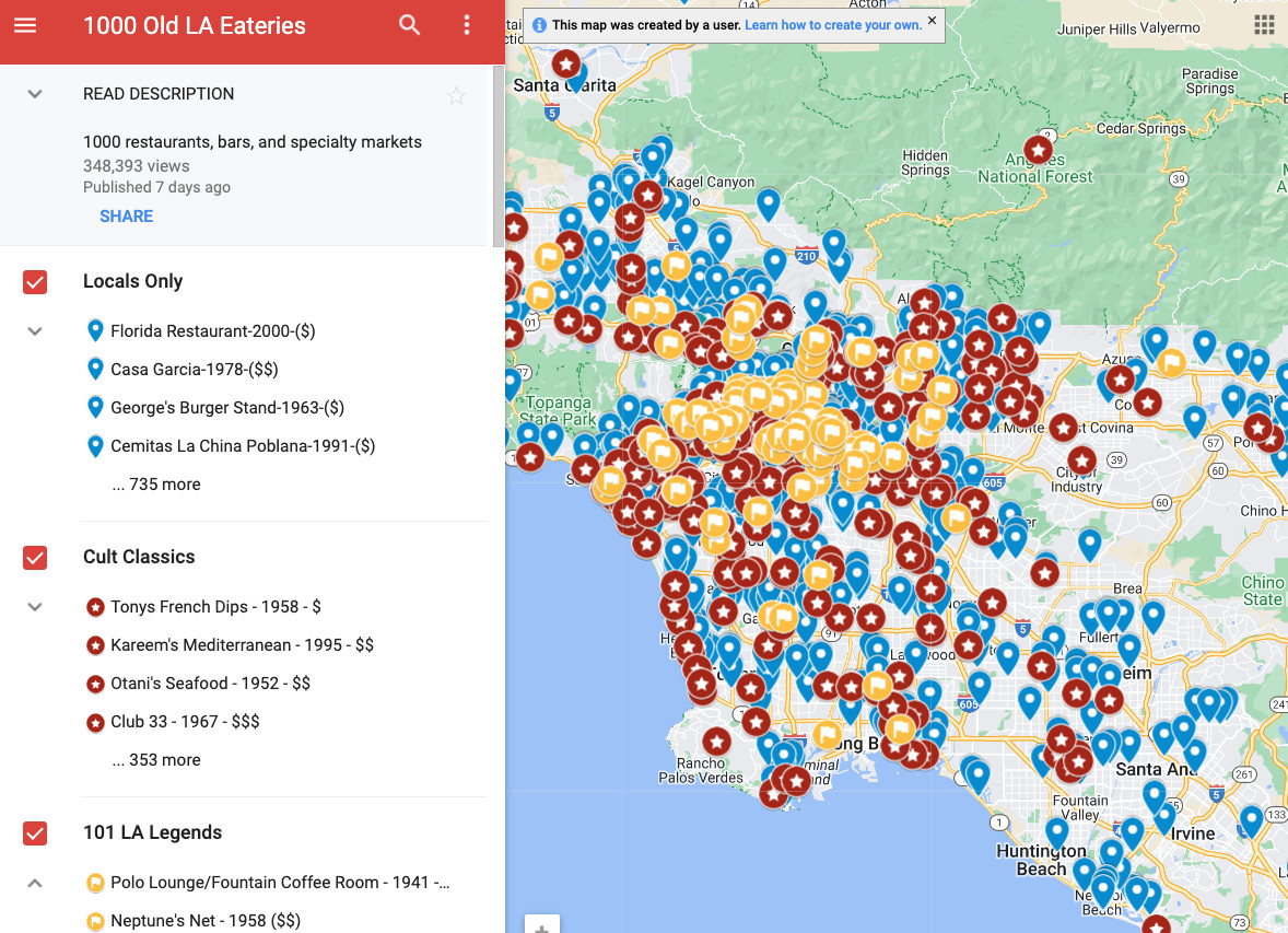 A screenshot of classic LA restaurants mapped out on Google maps by Jake Hook.