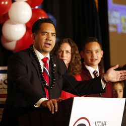 Utah Attorney General Sean Reyes declares victory in the attorney general race on election night in Salt Lake City, Tuesday, Nov. 4, 2014.