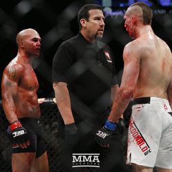 11 July 2015; Robbie Lawler and Rory MacDonald stare each other down at the end of the fourth round of their epic battle at UFC 189.