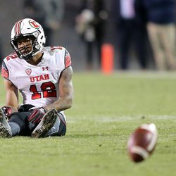 Utah Utes wide receiver Tim Patrick (12) watches a pass that was intended for him fall to the ground during a football game against the Colorado Buffaloes at Folsom Field in Boulder, Colo., on Saturday, Nov. 26, 2016. Utah lost 22-27.