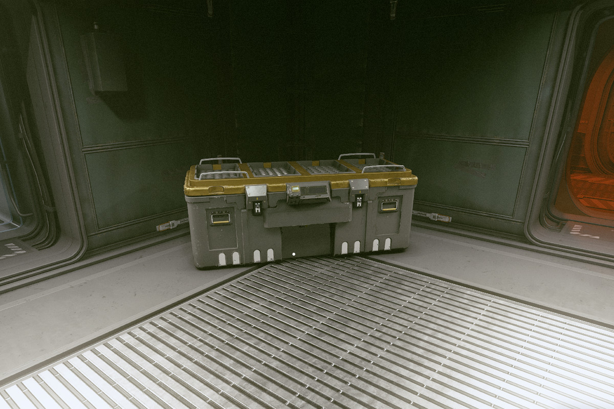 A storage crate sits in an outpost in Starfield