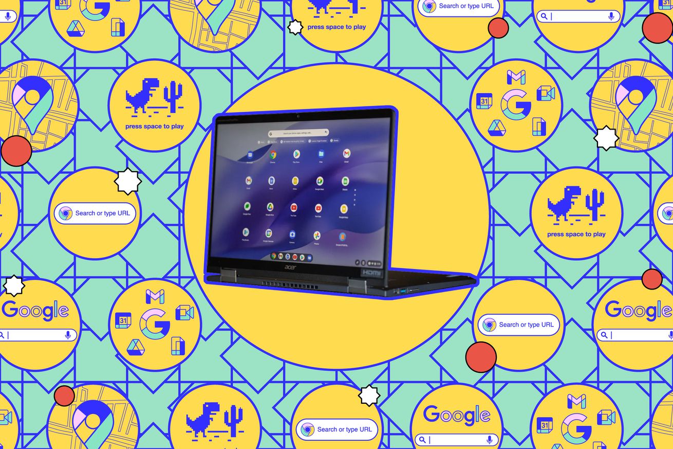 Chromebook against a background of small illustrations.