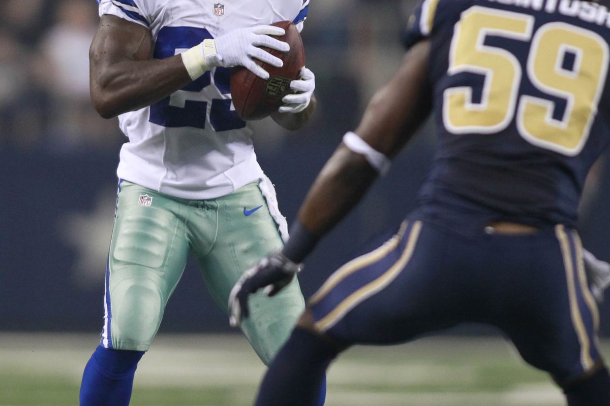 Aug 25, 2012; Arlington, TX, USA; Dallas Cowboys running back DeMarco Murray (29) carries the ball during the first quarter against the St Louis Rams  at Cowboys Stadium. Mandatory Credit: Tim Heitman-US PRESSWIRE