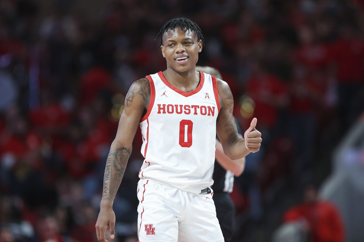 Dec 21, 2022; Houston, Texas, USA; Houston Cougars guard Marcus Sasser (0) gives a thumbs up during the second half against the McNeese State Cowboys at Fertitta Center. Mandatory Credit: Troy Taormina