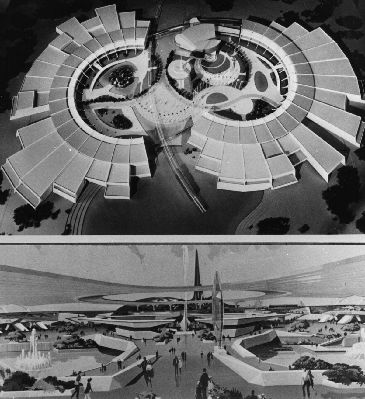 A 1961 archival photo of concept design images for EPCOT Center, with a flared, circular model of a building as seen from overhead, and concept art of an open, futuristic plaza populated by parkgoers
