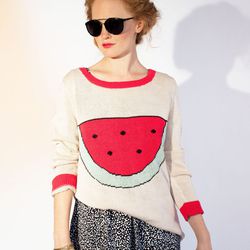 Watermelon <a href="http://www.emergingthoughts.com/Watermelon-Sweater-by-Dusen-Dusen.html">sweater</a>, on sale for $170 on emergingthoughts.com.